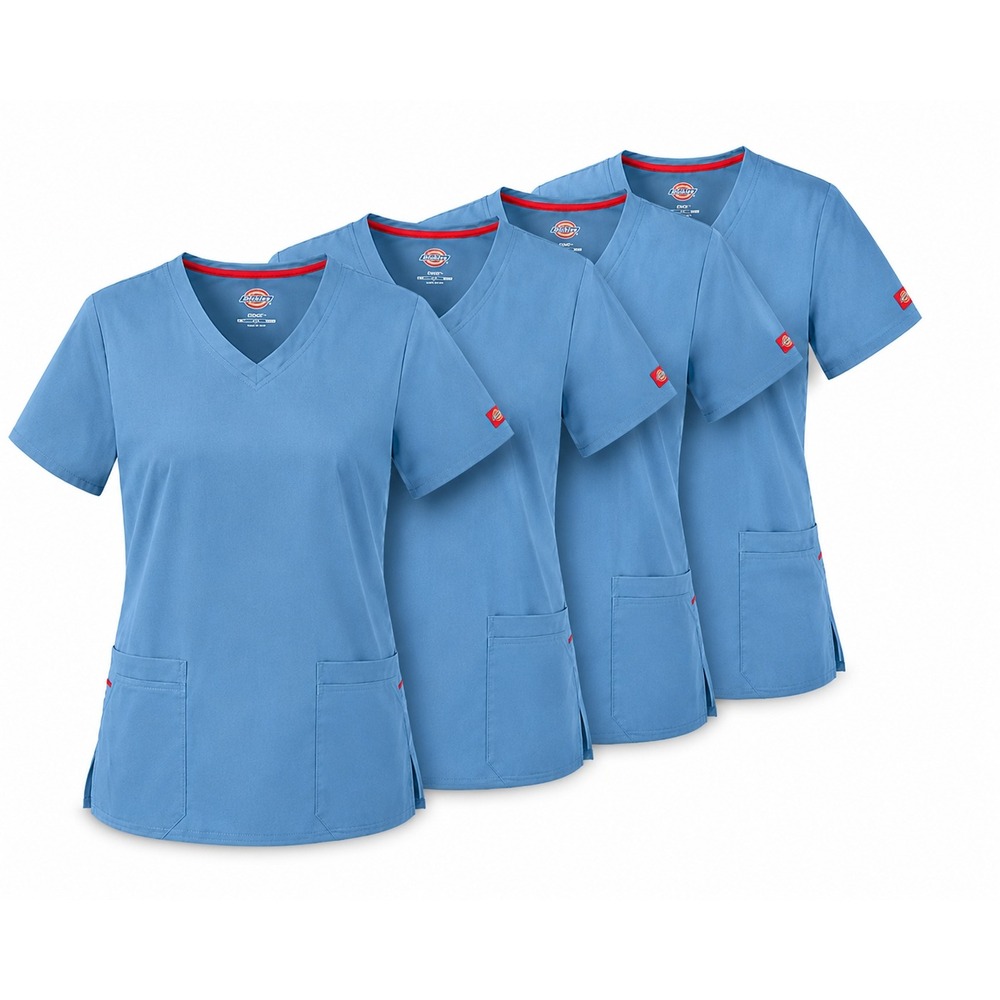 Dickies Blue V Neck Scrub Top with Pockets - Large - Bundle of 4